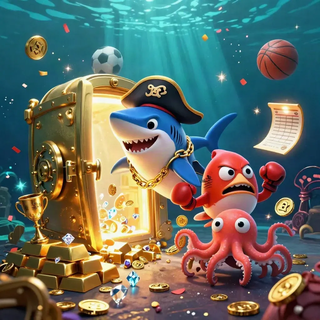 Hiu bajak laut, ikan buntal, dan bayi gurita dikelilingi harta emas dan bola olahraga.