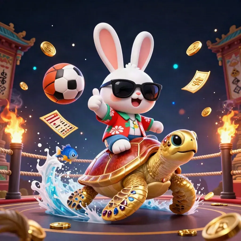 Kelinci lucu menunggang kura-kura emas, bola dan koin bertebaran di nuansa kasino mewah.