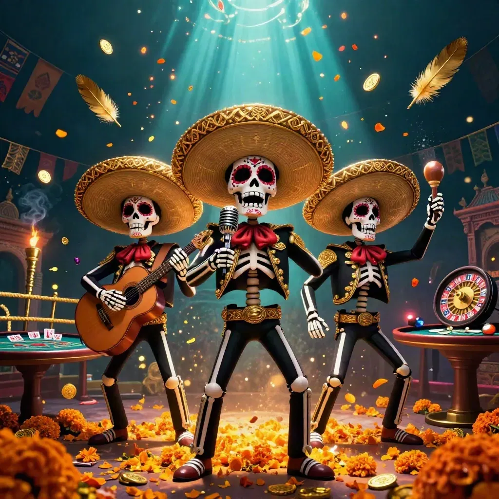 Tiga kerangka mariachi 3D mewah di ruang kasino dramatis dengan cahaya emas dan petir partikel.