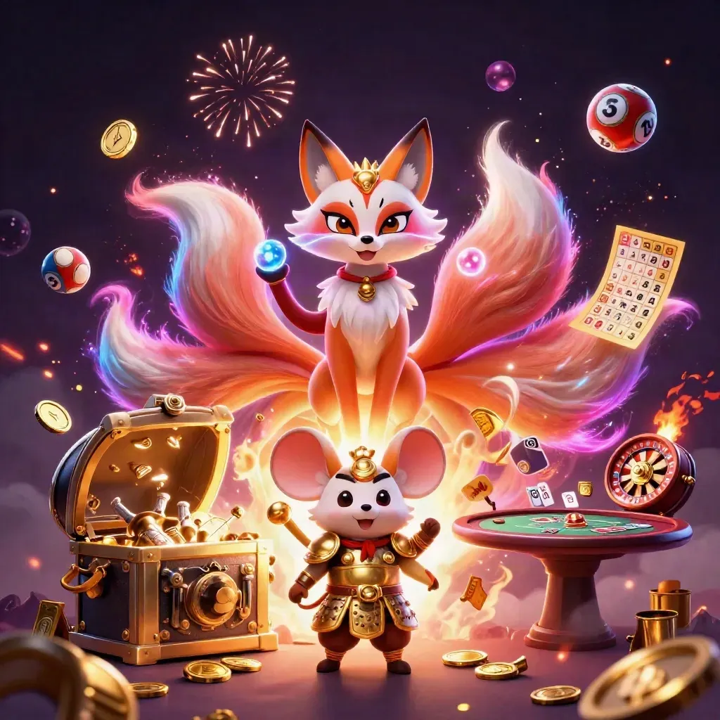 Rubah roh berkepala sembilan dan tikus samurai di tengah ledakan koin, roda slot, dan cahaya neon.