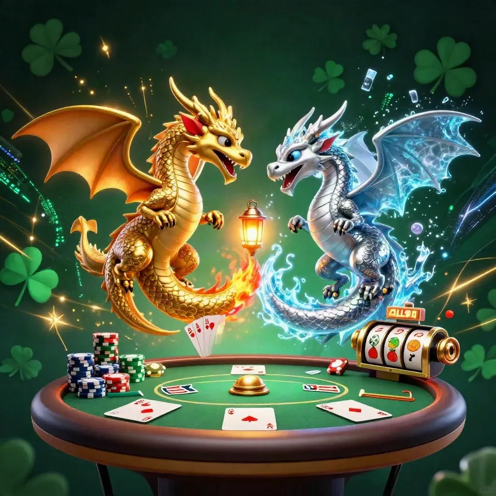 Dua naga emas-perak berputar di atas meja poker, dikelilingi chip, kartu as, reel, dan kilau neon.