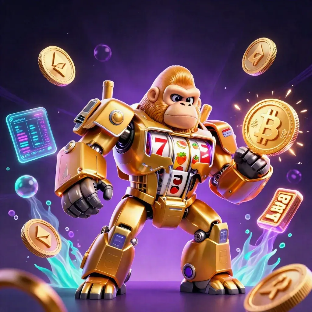 Gorila mech emas dengan pilot monyet kecil, simbol slot, koin kripto, dan efek neon mewah.