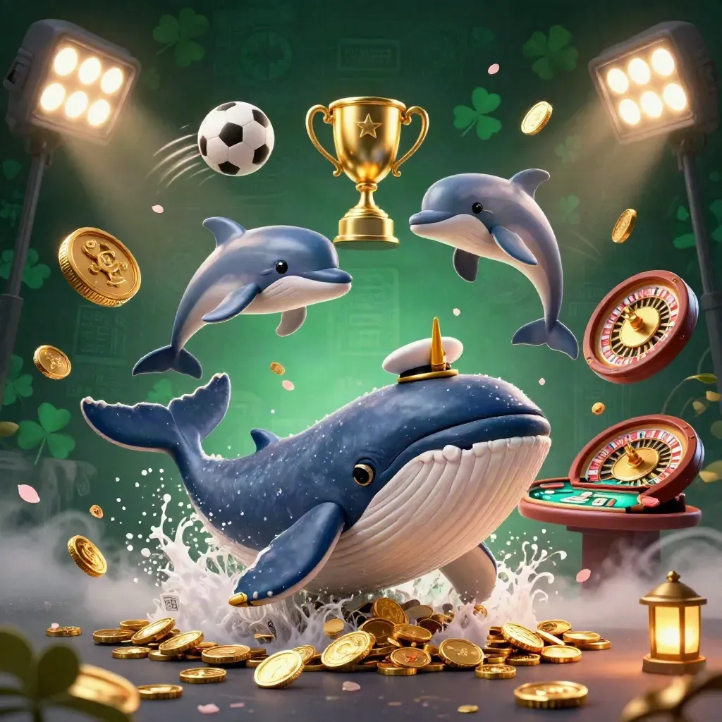Paus kartun, narwhal, lumba-lumba, koin emas, roda roulette, dan efek mewah berkilau