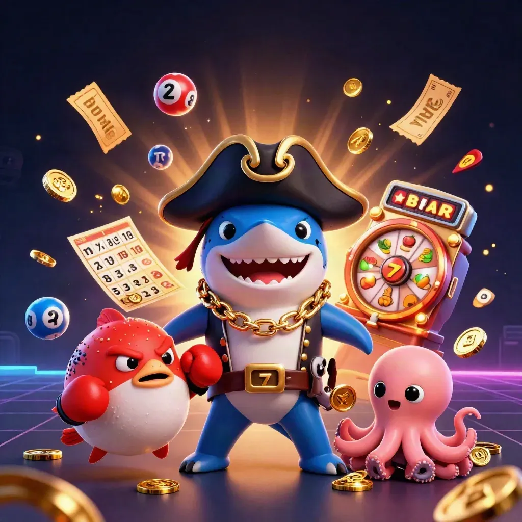 Hiu bajak laut, ikan buntal petinju, dan gurita bayi di ledakan elemen slot neon.
